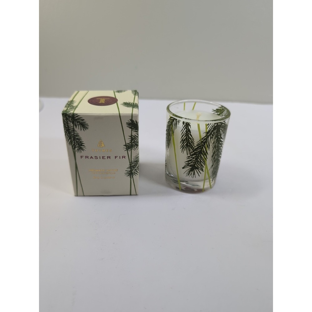 Thymes Frasier Fir Votive – Frosted Plaid Coll. Green Gold & White Glass Jar NEW